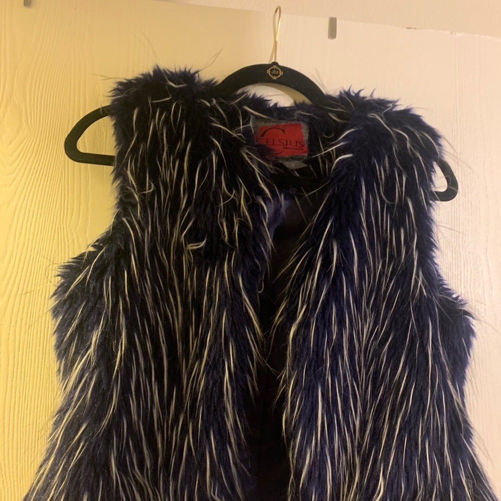 Navy and white faux fur vest